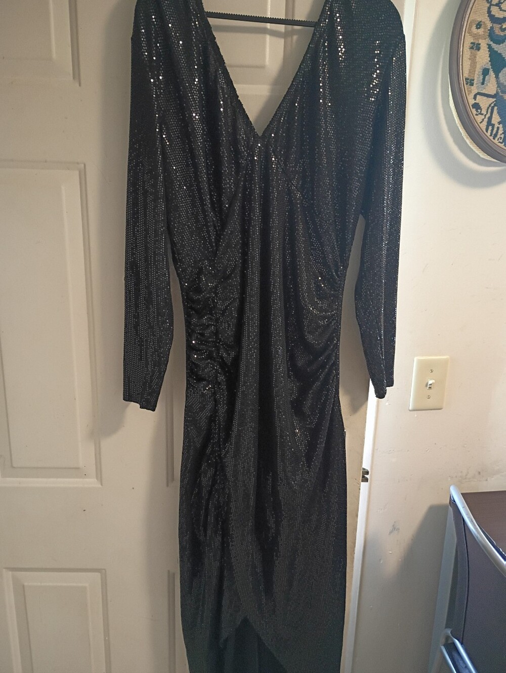 Black Sequin Long Sleeve V-Neck Dress
